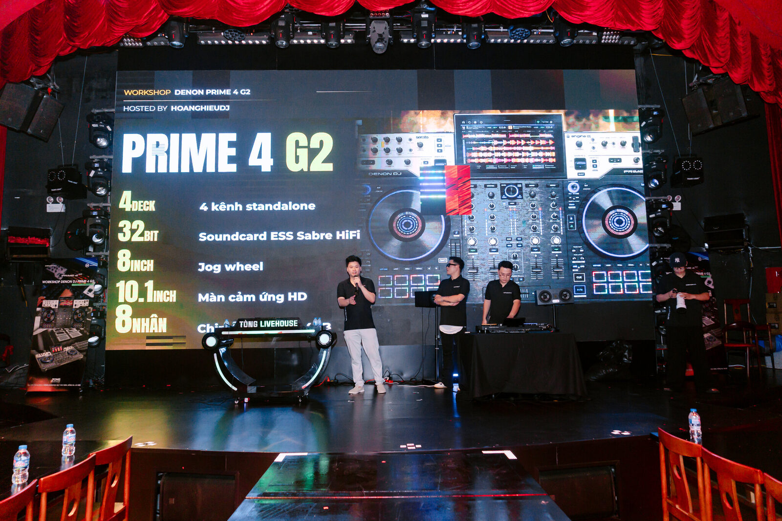 Toàn cảnh sân khấu Workshop Denon DJ PRIME 4 G2 với thông số 4 deck, soundcard 32-bit, jog wheel 8 inch, màn hình 10.1 inch
